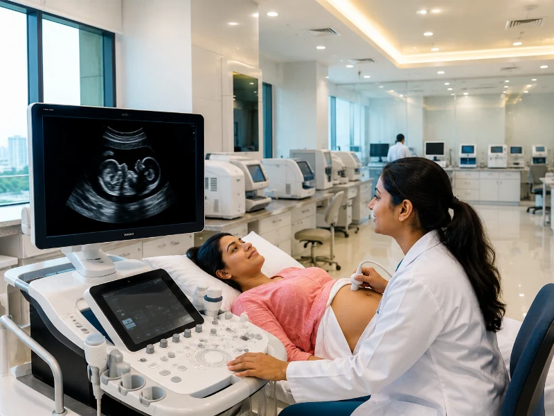 Advanced high-resolution pregnancy ultrasound workstation performing a high-precision third-trimester growth scan to evaluate fetal weight and blood flow paths